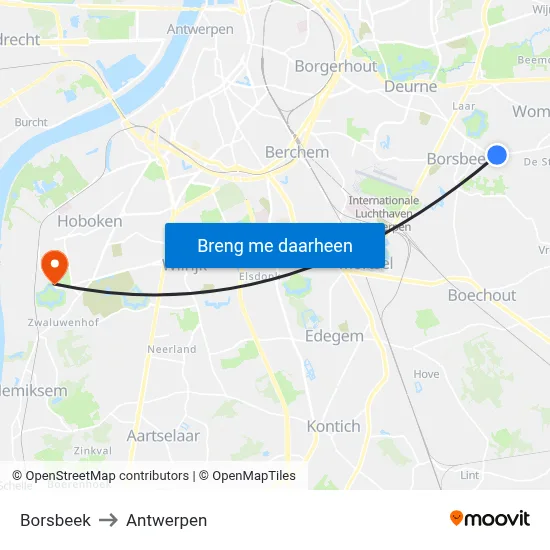 Borsbeek to Antwerpen map