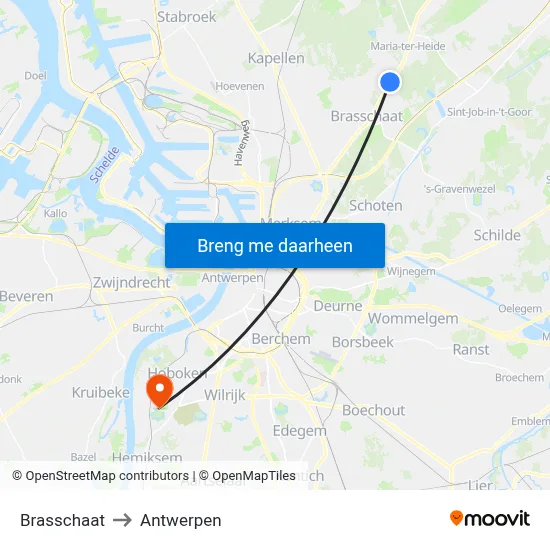 Brasschaat to Antwerpen map