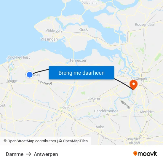 Damme to Antwerpen map