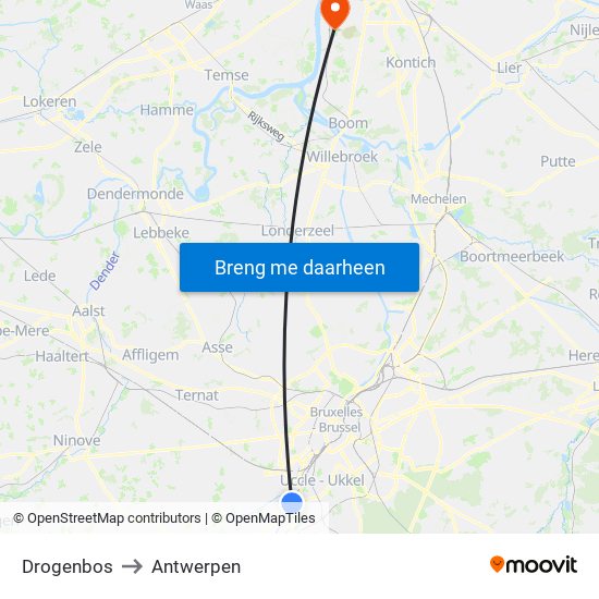 Drogenbos to Antwerpen map