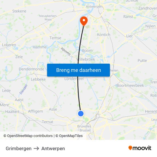 Grimbergen to Antwerpen map