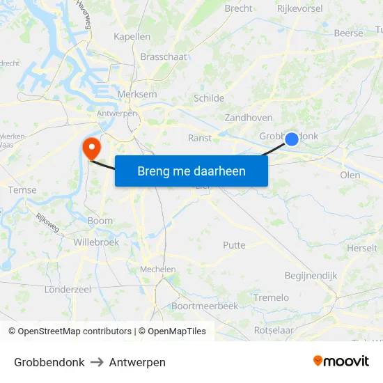 Grobbendonk to Antwerpen map
