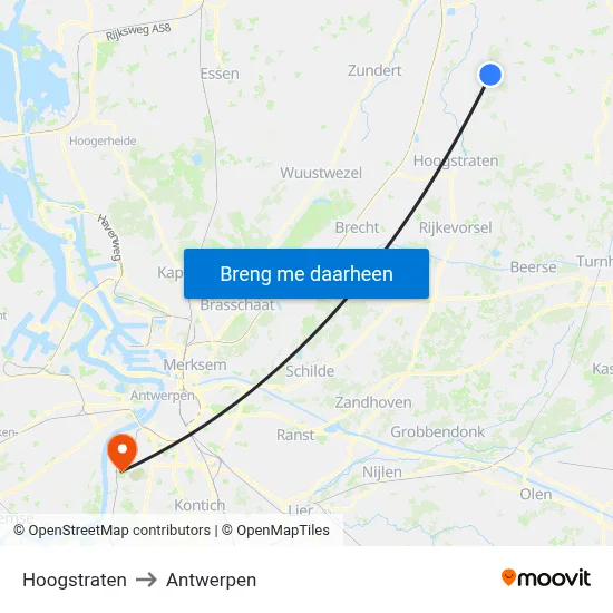 Hoogstraten to Antwerpen map