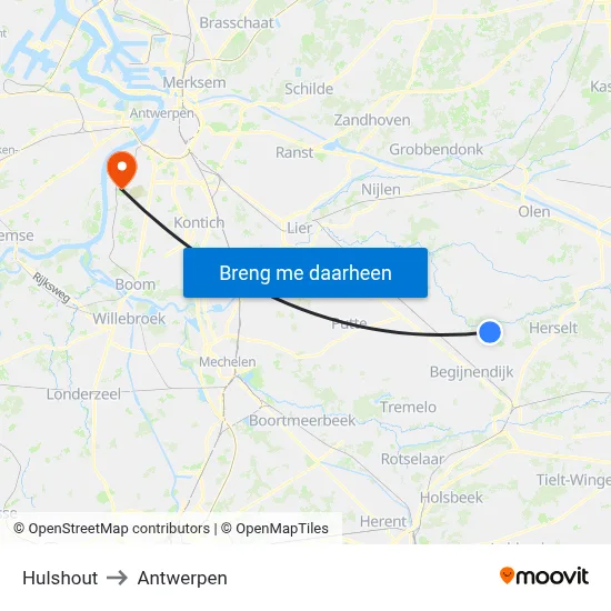 Hulshout to Antwerpen map