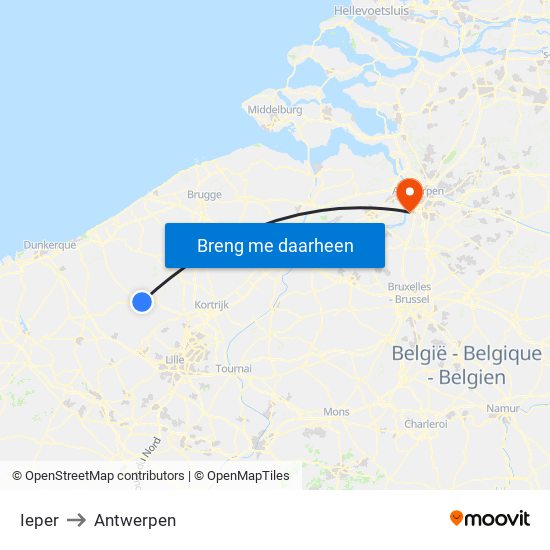 Ieper to Antwerpen map