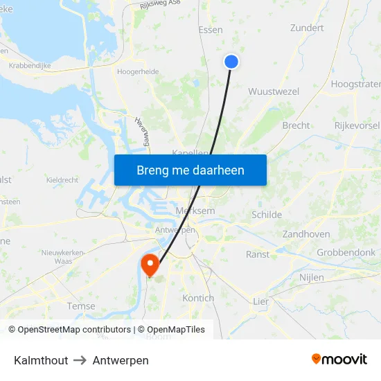 Kalmthout to Antwerpen map