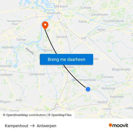 Kampenhout to Antwerpen map