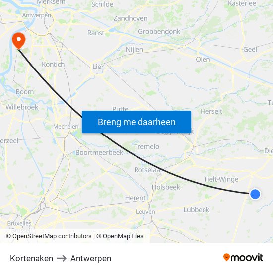 Kortenaken to Antwerpen map