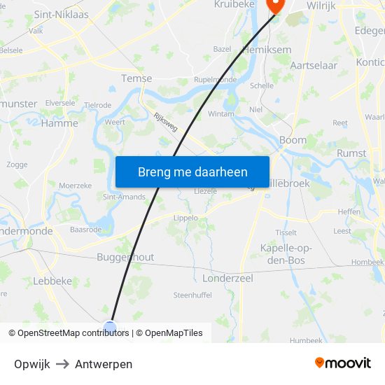 Opwijk to Antwerpen map