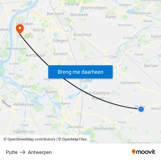 Putte to Antwerpen map