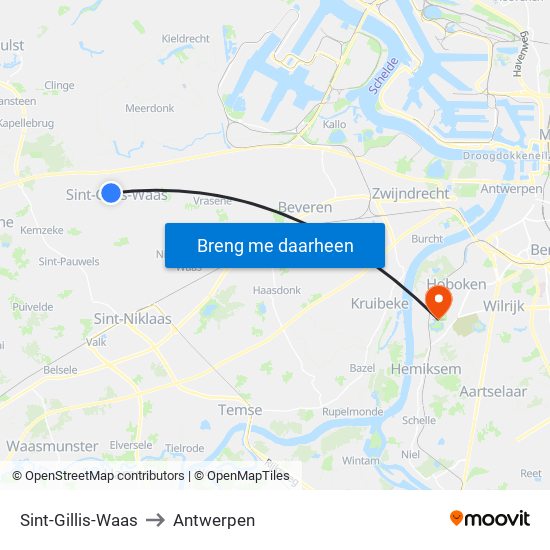 Sint-Gillis-Waas to Antwerpen map