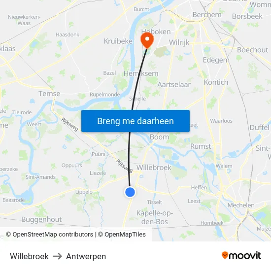 Willebroek to Antwerpen map