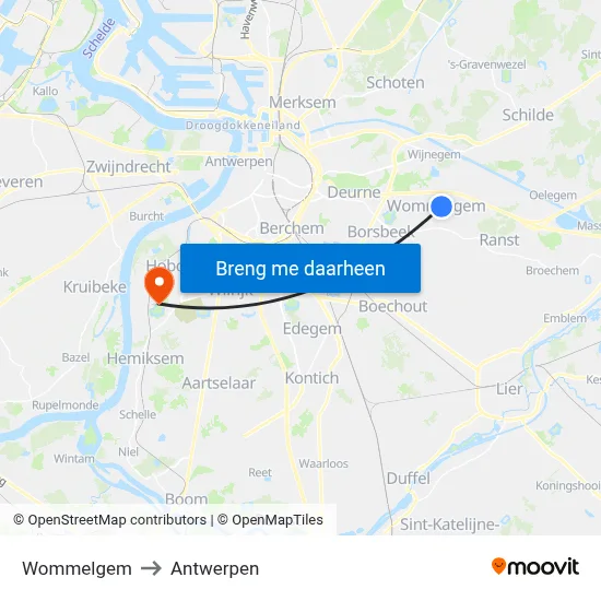 Wommelgem to Antwerpen map