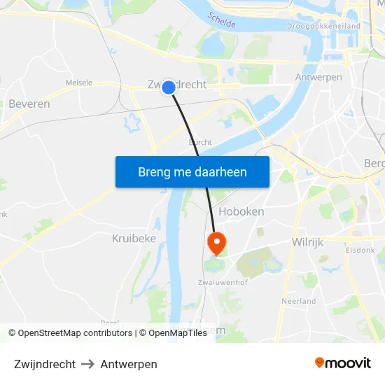 Zwijndrecht to Antwerpen map