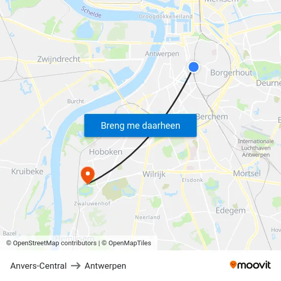 Anvers-Central to Antwerpen map
