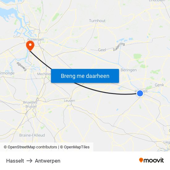 Hasselt to Antwerpen map