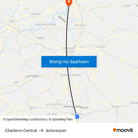 Charleroi-Central to Antwerpen map