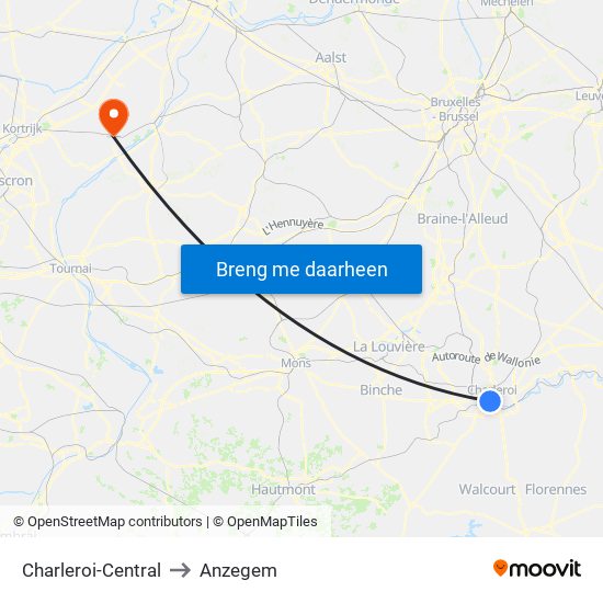 Charleroi-Central to Anzegem map