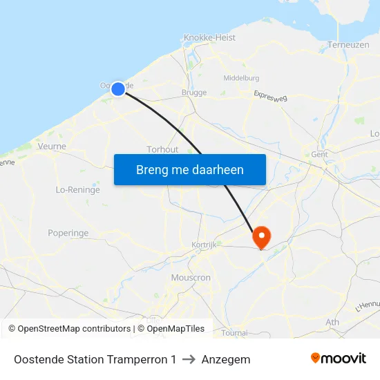 Oostende Station Tramperron 1 to Anzegem map