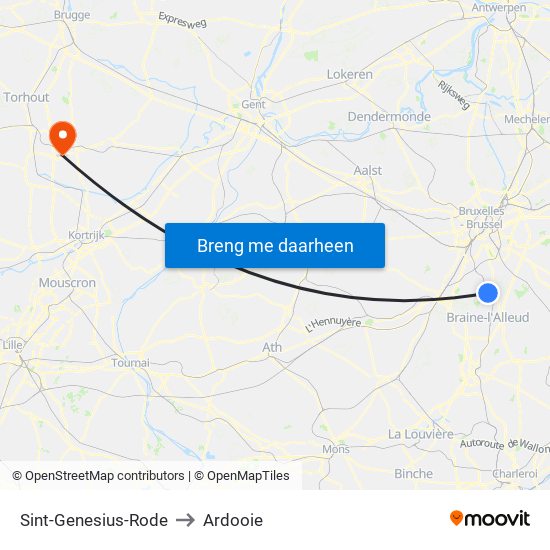 Sint-Genesius-Rode to Ardooie map