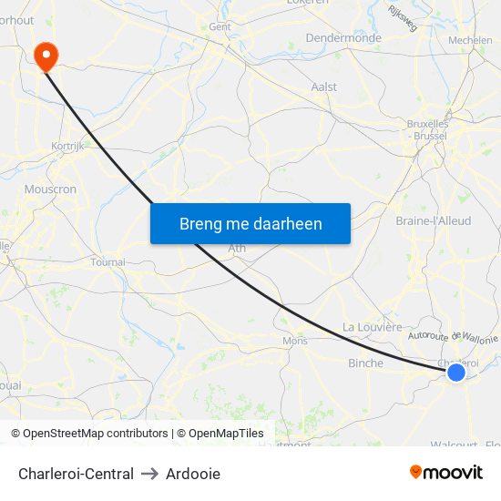 Charleroi-Central to Ardooie map