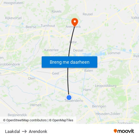 Laakdal to Arendonk map