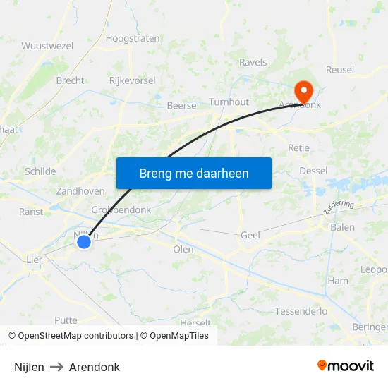 Nijlen to Arendonk map