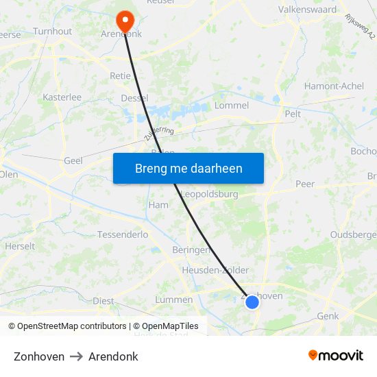 Zonhoven to Arendonk map
