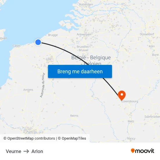 Veurne to Arlon map
