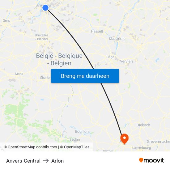 Anvers-Central to Arlon map