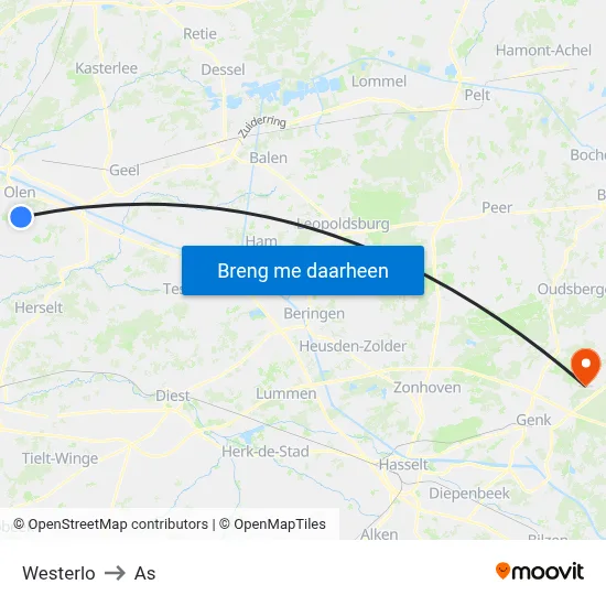 Westerlo to As map