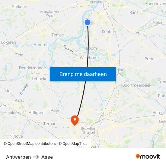 Antwerpen to Asse map