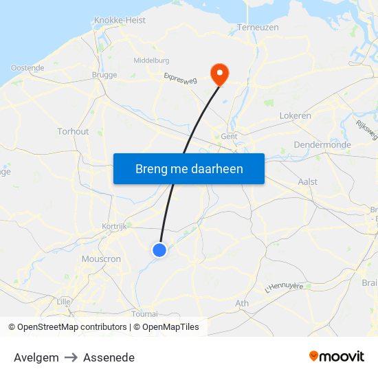 Avelgem to Assenede map