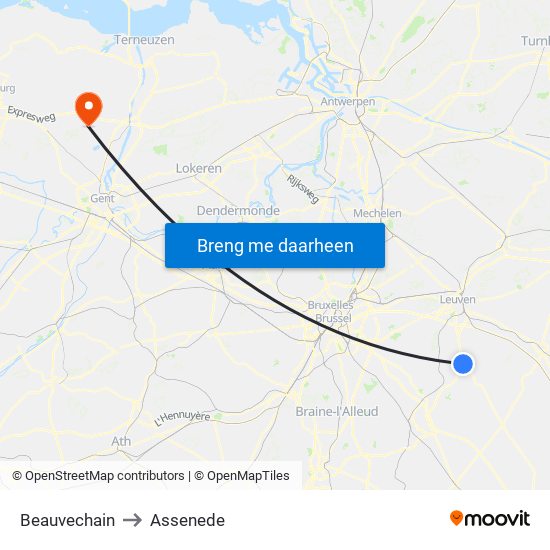 Beauvechain to Assenede map