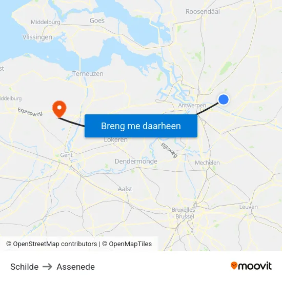 Schilde to Assenede map