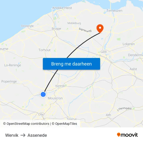 Wervik to Assenede map