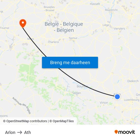 Arlon to Ath map