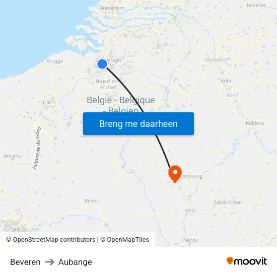 Beveren to Aubange map