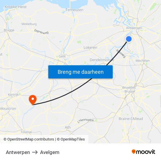 Antwerpen to Avelgem map