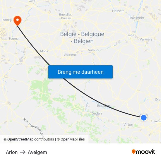 Arlon to Avelgem map