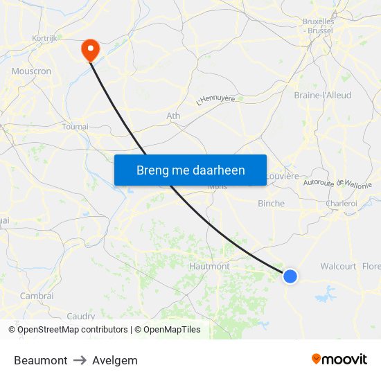 Beaumont to Avelgem map