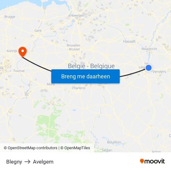 Blegny to Avelgem map