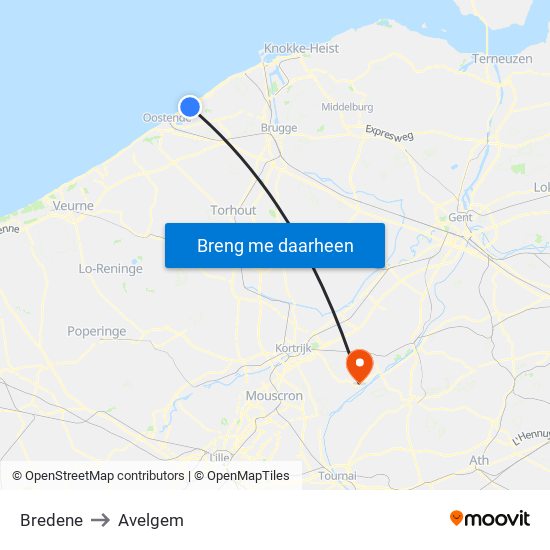 Bredene to Avelgem map