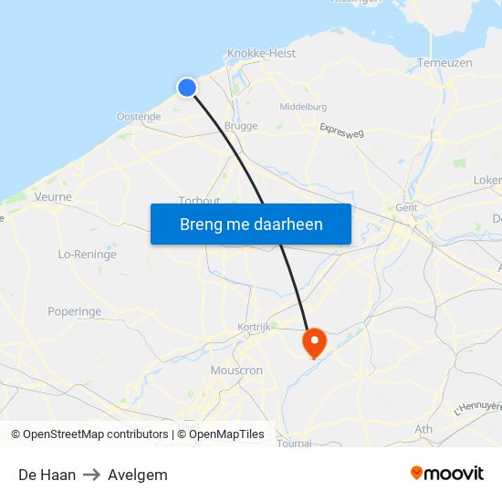 De Haan to Avelgem map