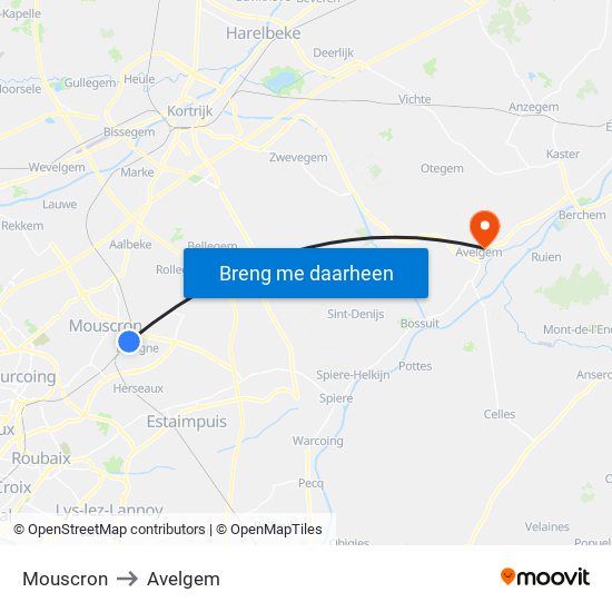 Mouscron to Avelgem map