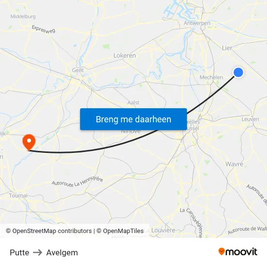 Putte to Avelgem map