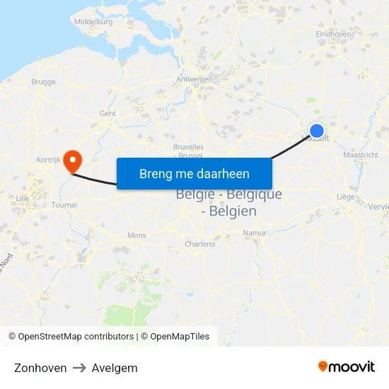 Zonhoven to Avelgem map