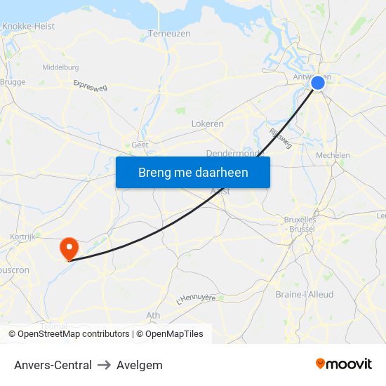 Anvers-Central to Avelgem map