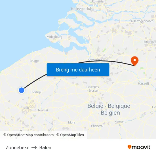 Zonnebeke to Balen map