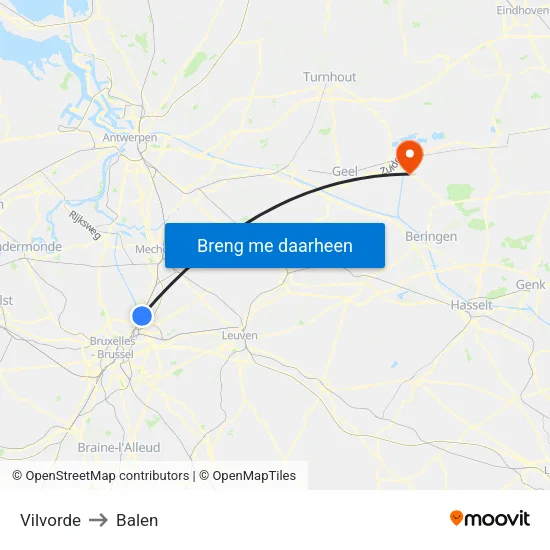 Vilvorde to Balen map